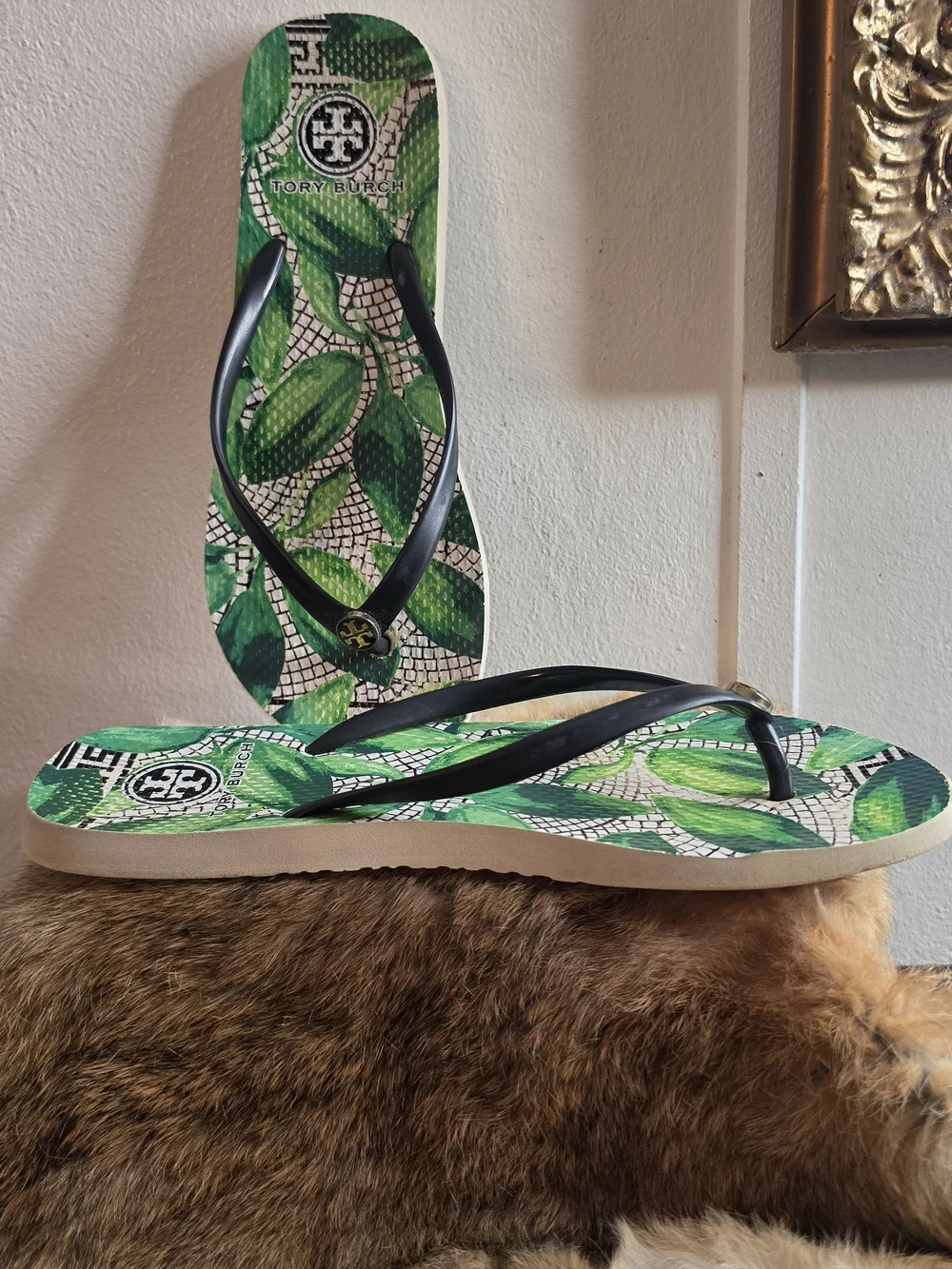 Tory Burch Green Leaf Print Flip Flops